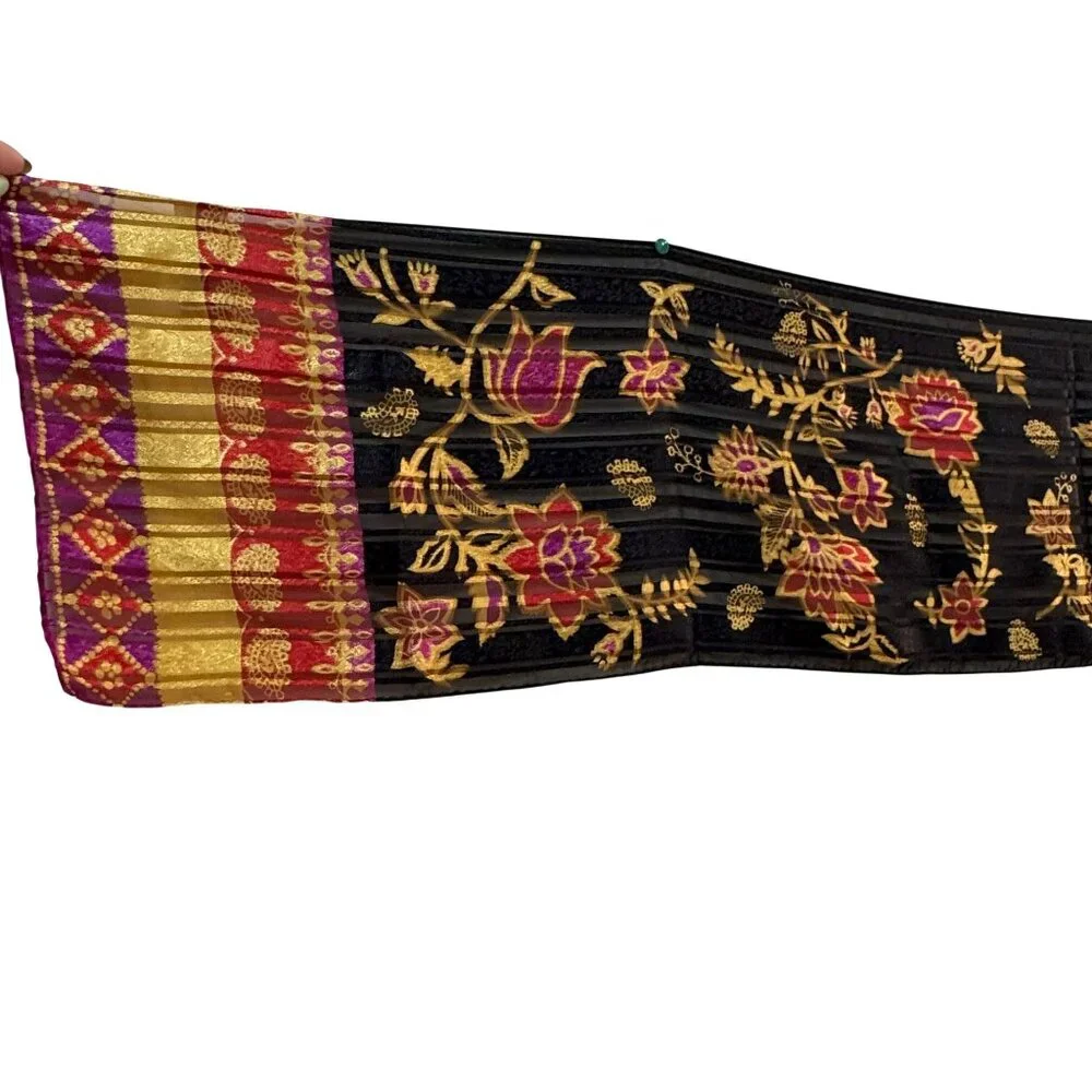 Vintage Liz Claiborne Floral‎ Stripe Scarf Black Red Gold Lightweight Wrap